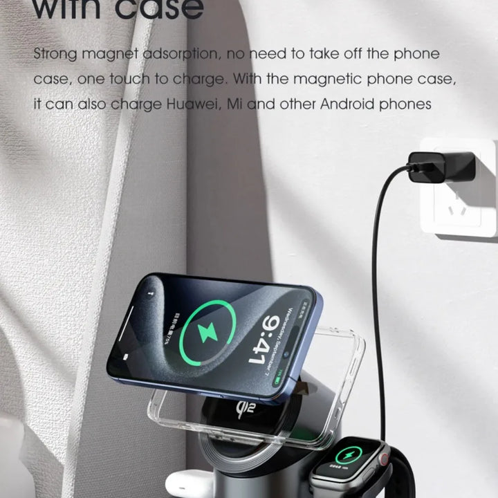Qi2 3-in-1 15W Magnetic Wireless Charger with Touch Rotation – Fast Charging Stand for iPhone 14/15/16 Pro Max, Apple Watch & AirPods – Desk Accessory Gift