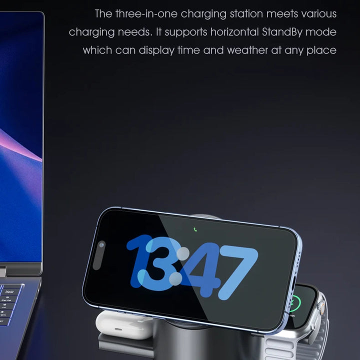 Qi2 15W 3-in-1 MagSafe Magnetic Wireless Charger – Smart Auto-Rotating Fast Charging Station for iPhone, Apple Watch & AirPods