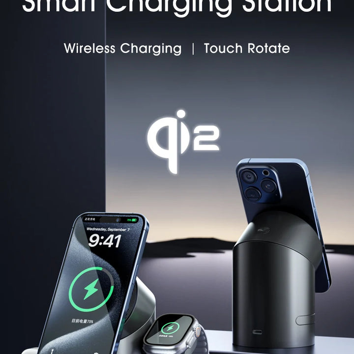 Qi2 15W 3-in-1 MagSafe Magnetic Wireless Charger – Smart Auto-Rotating Fast Charging Station for iPhone, Apple Watch & AirPods