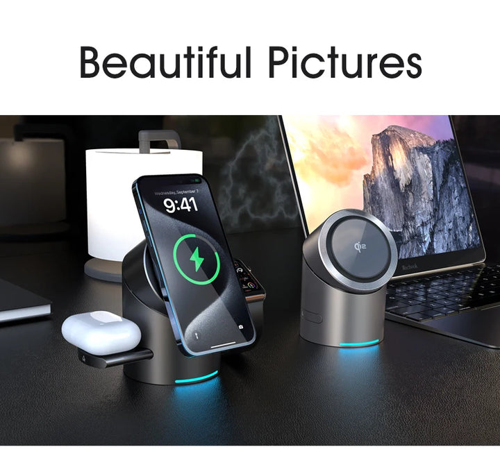 Qi2 3-in-1 Magnetic Wireless Charger 15W – Fast MagSafe Charging Station for iPhone, Apple Watch & AirPods | Clean Desk Charging Dock