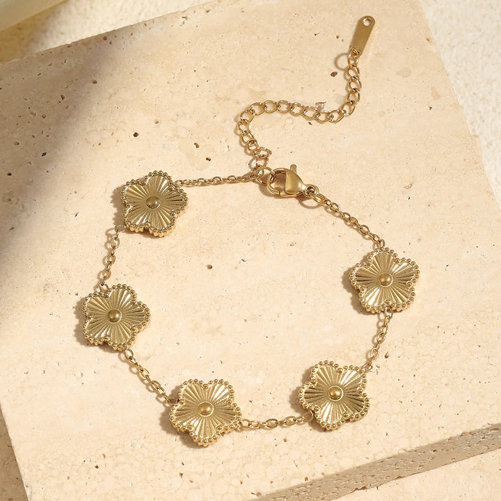 ZAKOL 3Pcs Gold Stainless Steel Bracelet Set for Women – Elegant Geometric Five-Leaf Flower Zircon Bangles