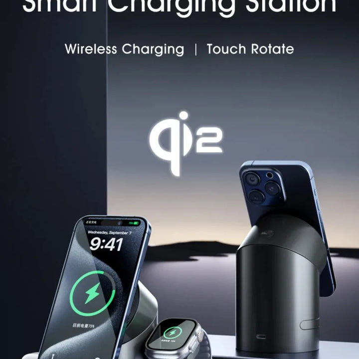 Qi2 3-in-1 15W Magnetic Wireless Charger with Touch Rotation – Fast Charging Stand for iPhone 14/15/16 Pro Max, Apple Watch & AirPods – Desk Accessory Gift