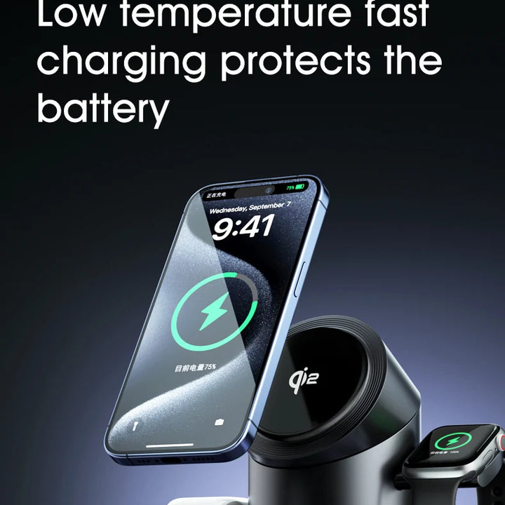 Qi2 3-in-1 Magnetic Wireless Charger 15W – Fast MagSafe Charging Station for iPhone, Apple Watch & AirPods | Clean Desk Charging Dock