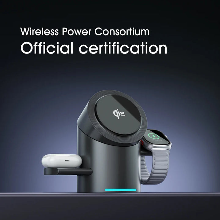 Qi2 15W 3-in-1 MagSafe Magnetic Wireless Charger – Smart Auto-Rotating Fast Charging Station for iPhone, Apple Watch & AirPods